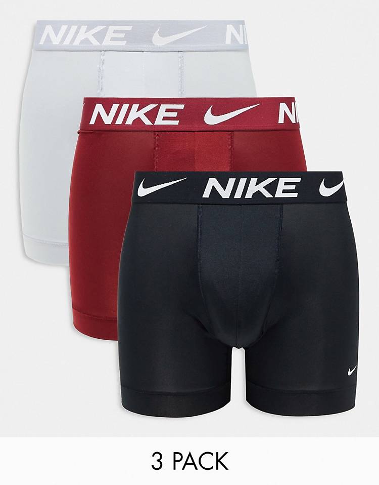 Nike Dri-FIT Essential Micro 3-pack boxer briefs in red, gray & black